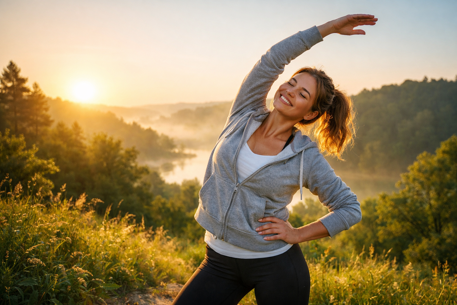 Energetic woman in natural outdoor setting doing morning stretches at sunrise, wearing comfortable clothes, surrounded by green nature, feeling confident and strong